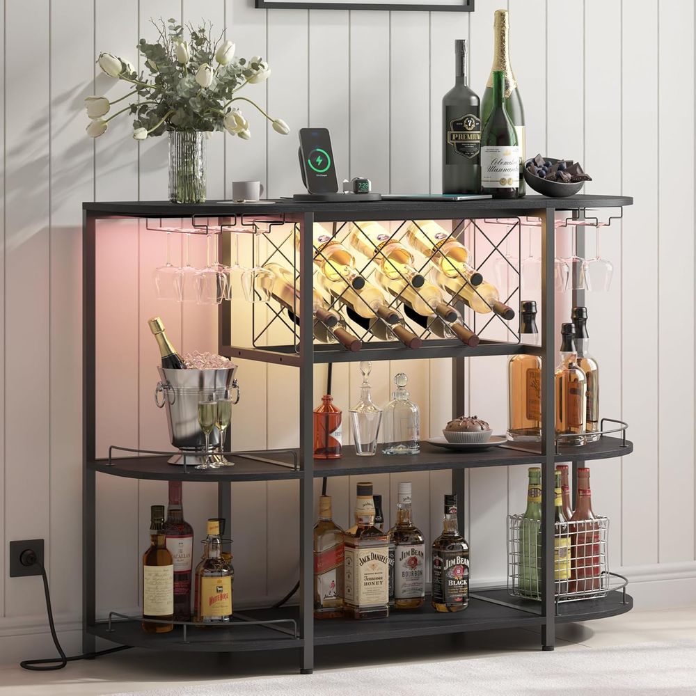 Home Bar And Kitchen - 黒色の3段コーヒーテーブル、ワインラック、電源コンセント、LEDライト付き、ホームバーやキッチン収納に最適