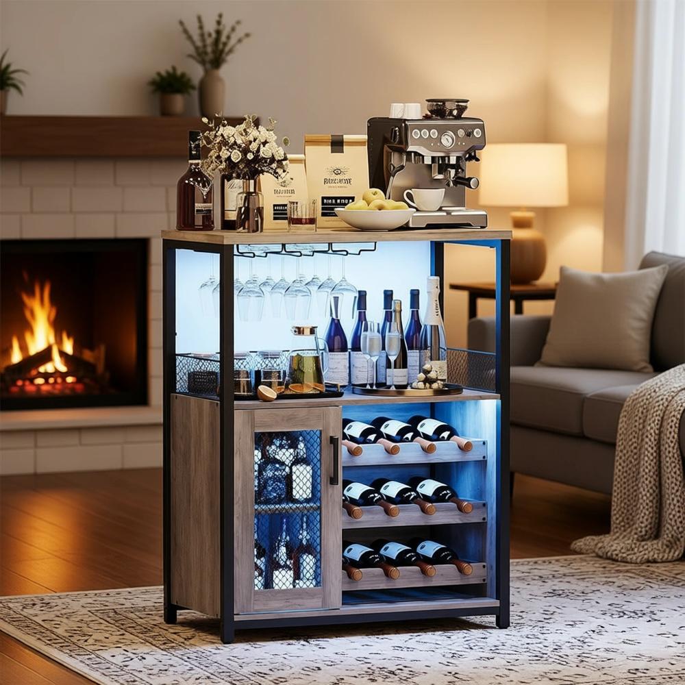 Home Bar And Cabinet - インダストリアルスタイルのLED照明付きワインキャビネット、取り外し可能なガラスラックと調整可能な棚付き、ホームバー用、グレー