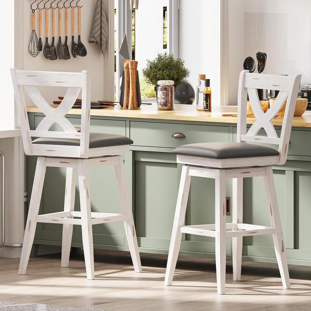 Home Bar Stools - 回転式バースツール2脚セット、背もたれ付き29インチバーチェア、布張りシートバースツール、無垢材脚付き＆ootr