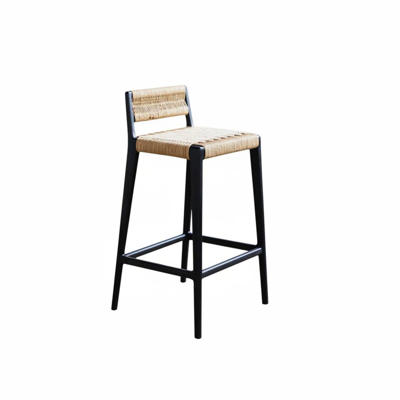 Home Bar Stools - ロープ編みハイチェア、頑丈な木製フレーム、編み込みシート、背もたれ付き、内蔵フットレスト、住宅所有者、キッチンアイランド向け