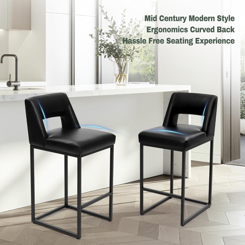 Home Bar Stools - 新しいブラックカウンターハイトバースツール2脚セット - モダンなキッチンアイランドチェア（布張りの背もたれ付き）