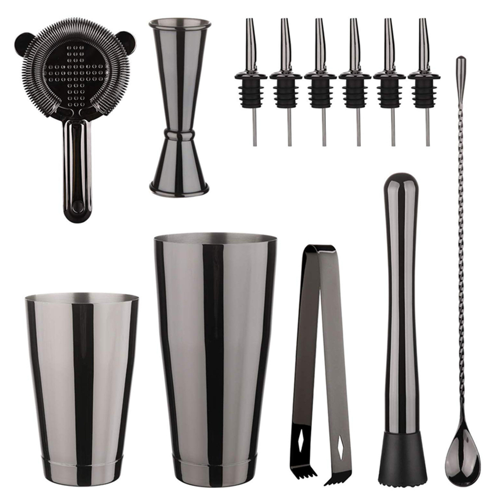 Boston Shaker Set - カクテルシェーカーバーセット：ウェイト付きボストンシェーカー2個、カクテルストレーナー、ジガー、マドラーとスプーン、アイストング、ボトルポーラー6個