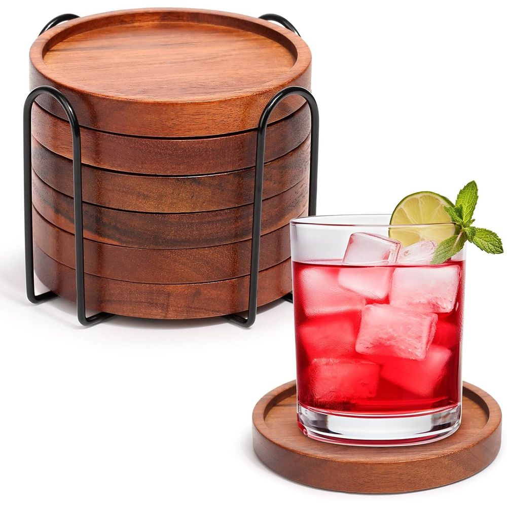 Home Bar Set - アカシア材コースター6枚セット（ホルダー付き）、家庭用または屋外バー、パティオの装飾に最適