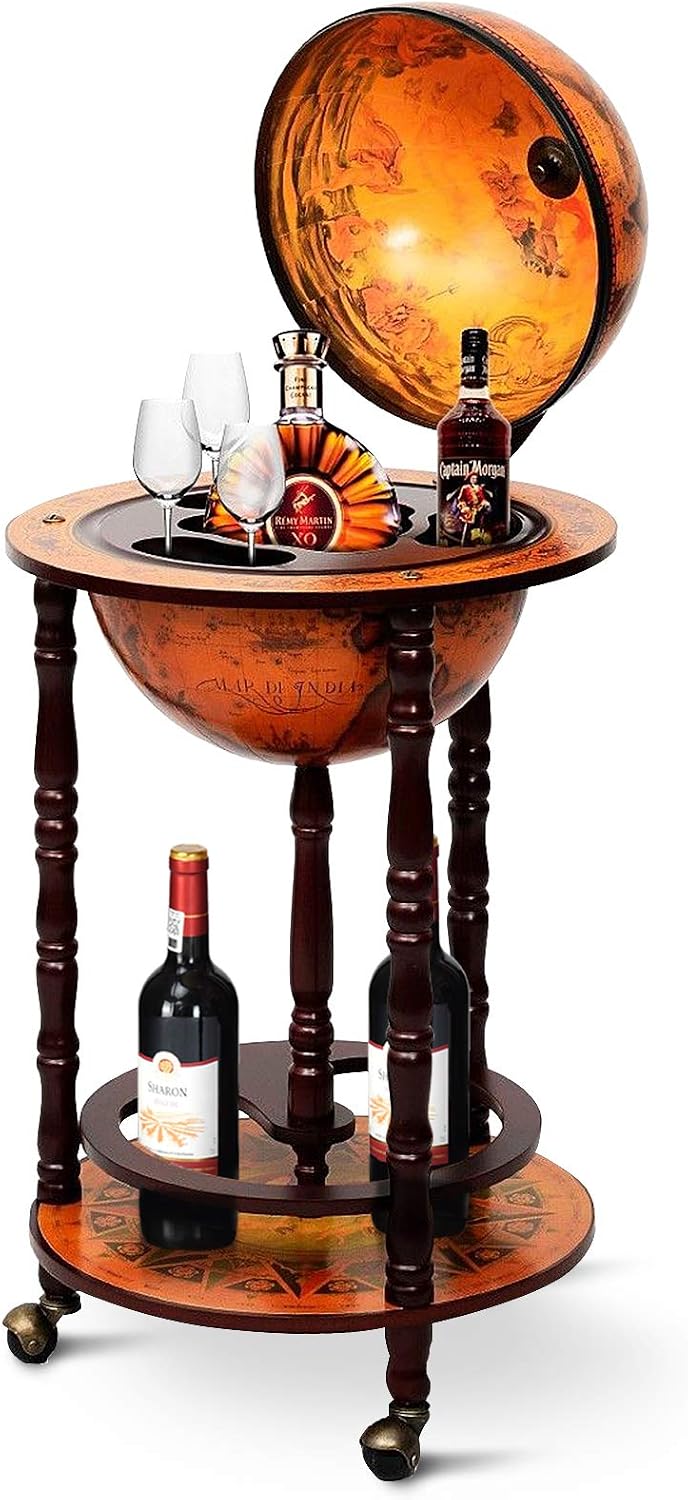 Home Bar And Cabinet - グローブバーカート、リキュールバーキャビネット、回転式ホイール付き収納ボトムシェルフ、旧世界地図イタリアンレプリカ、レトロワインアルコールスタンド、ダイニングルーム、リビングルーム、家庭用家具、ブラウン