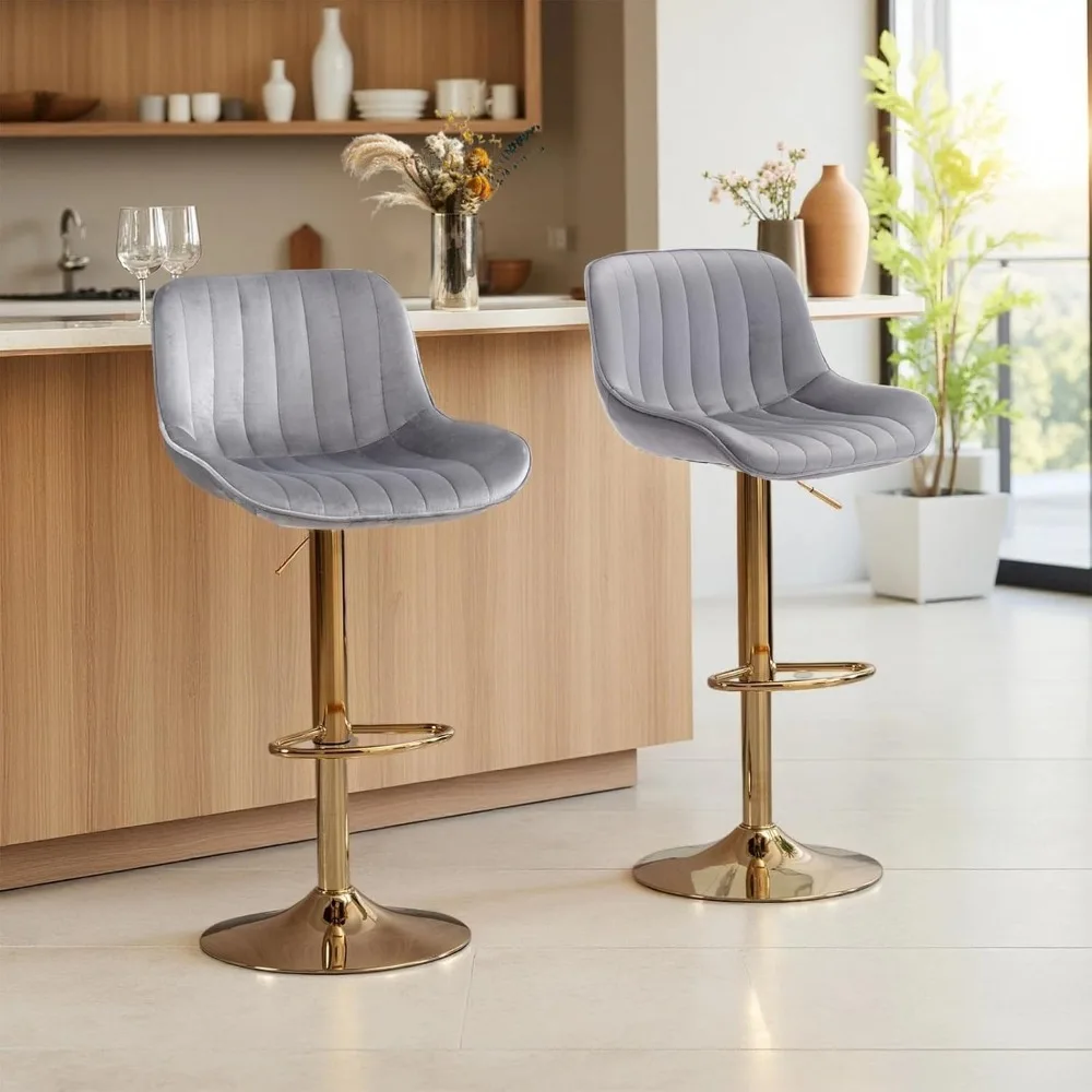 Home Bar Stools - モダンなゴールドベルベットバースツール2脚セット、回転式カウンターハイト、背もたれ付き、高さ調節可能、キッチンアイランドスツール、家庭用、カスタマイズ可能