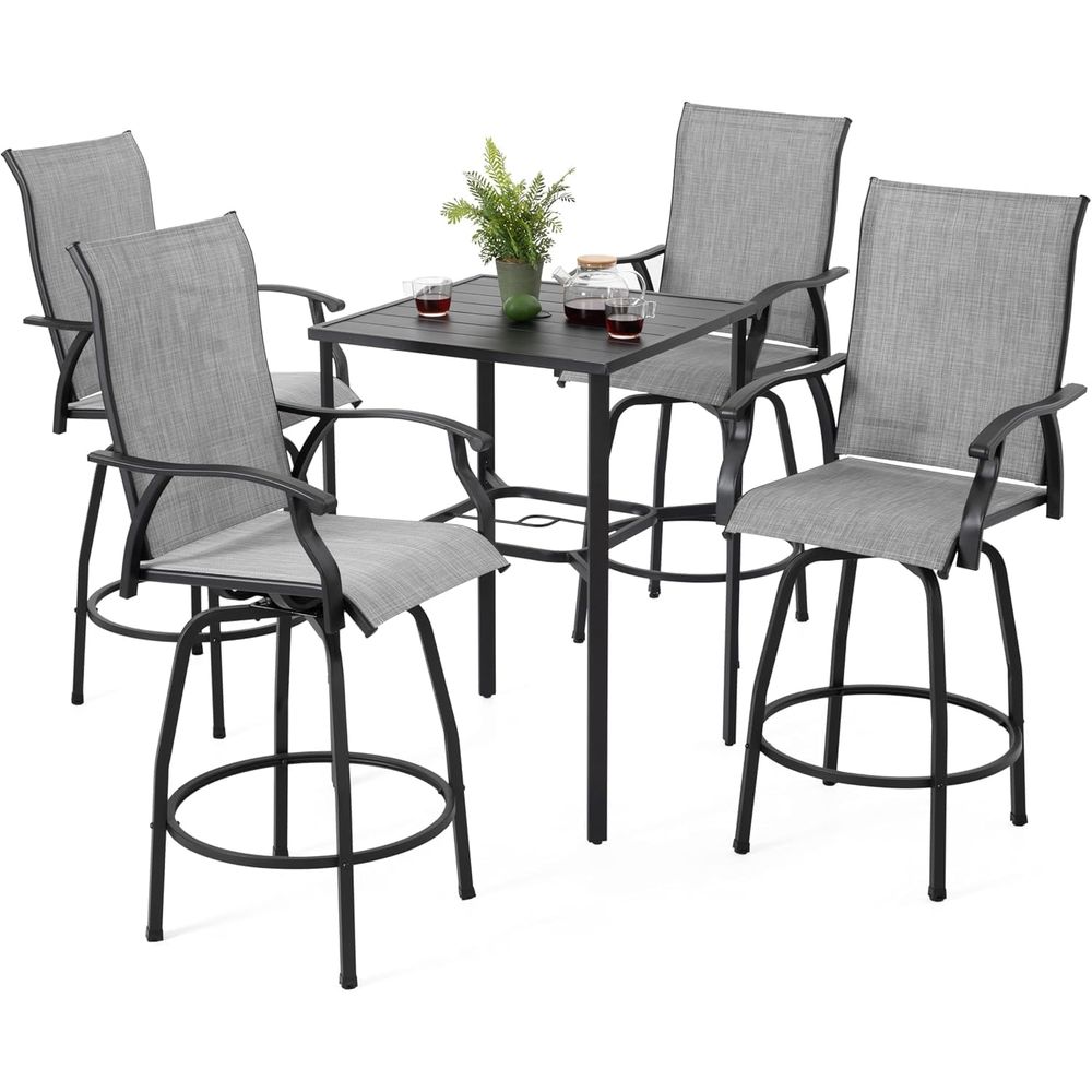 Home Bar Stools - 5ピースパティオスイベルバーセット、全天候型テキスタイル製ハイビストロスツール、スラットテーブルトップと傘穴付きの正方形バーテーブル