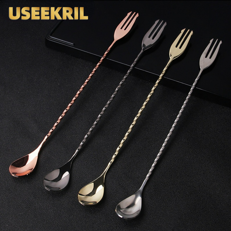 Bar Spoon Twisted - フォーク付きバースプーン,30 40 50cm,ステンレス鋼ミキシングパターン,カクテル用