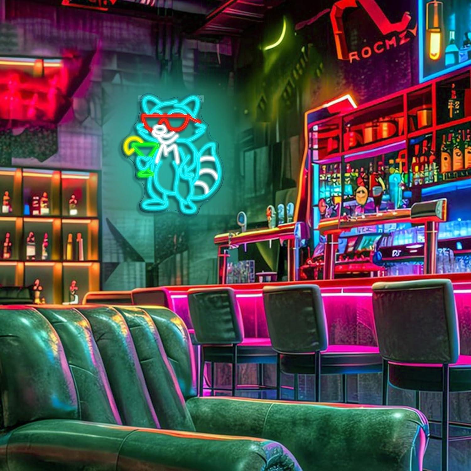 サングラスをかけたアライグマカクテルネオンサイン調光可能なL - Home Bar Lounge のレビューと価格