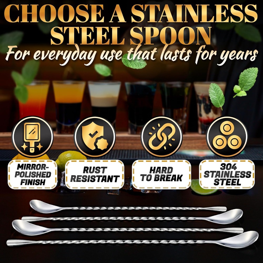 バースプーン4本セット、長さ12インチ、18/8ステンレスス - Bar Spoon Twisted のレビューと価格