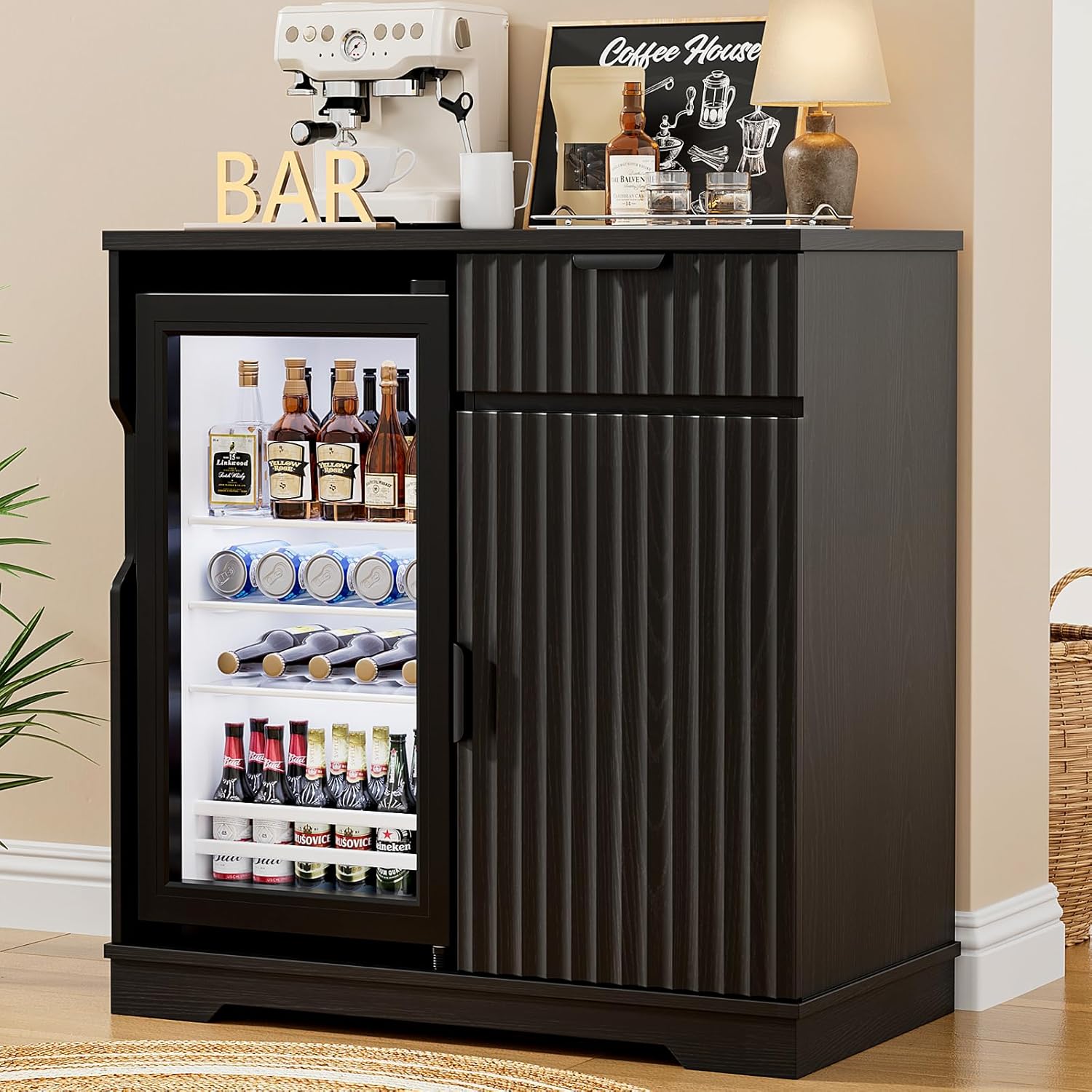 溝付きコーヒーバーキャビネット、ミニ冷蔵庫プルアウトドロワー - Home Bar And Cabinet のレビューと価格