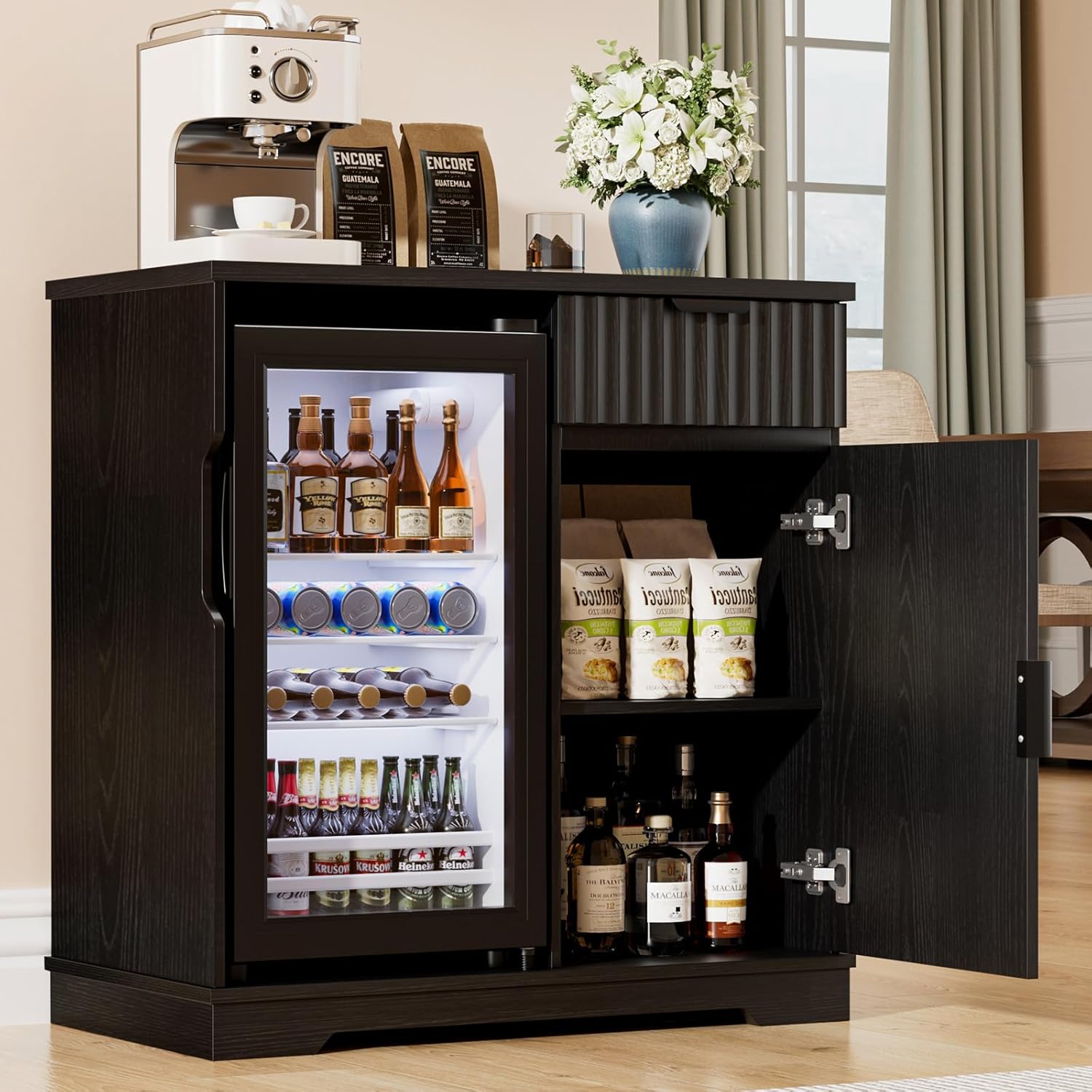 溝付きコーヒーバーキャビネット、ミニ冷蔵庫プルアウトドロワー - Home Bar And Cabinet のレビューと価格