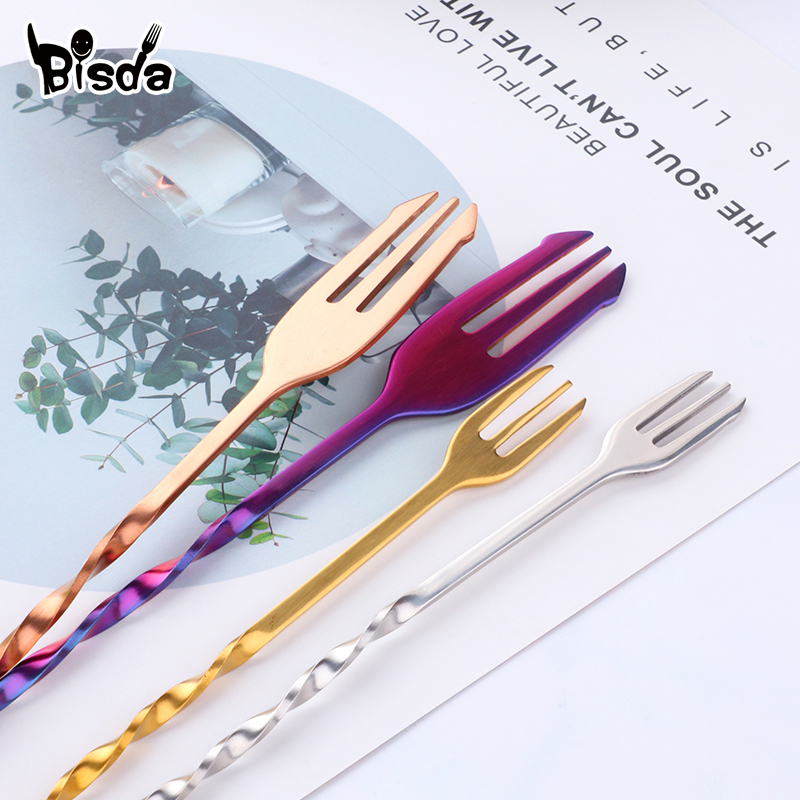 フォーク付きカクテルバースプーン、スウィズルステンレス鋼、長 - Bar Spoon Twisted のレビューと価格